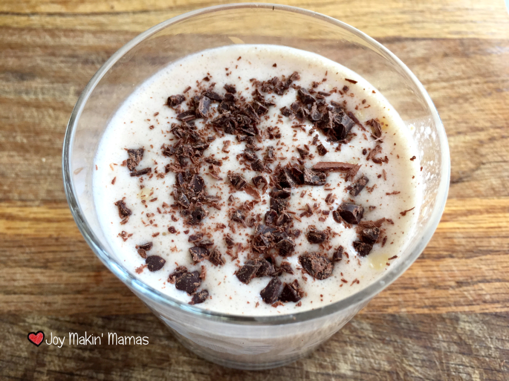 chocolate chip cookie dough smoothie in a glass Joy Makin' Mamas Recipe