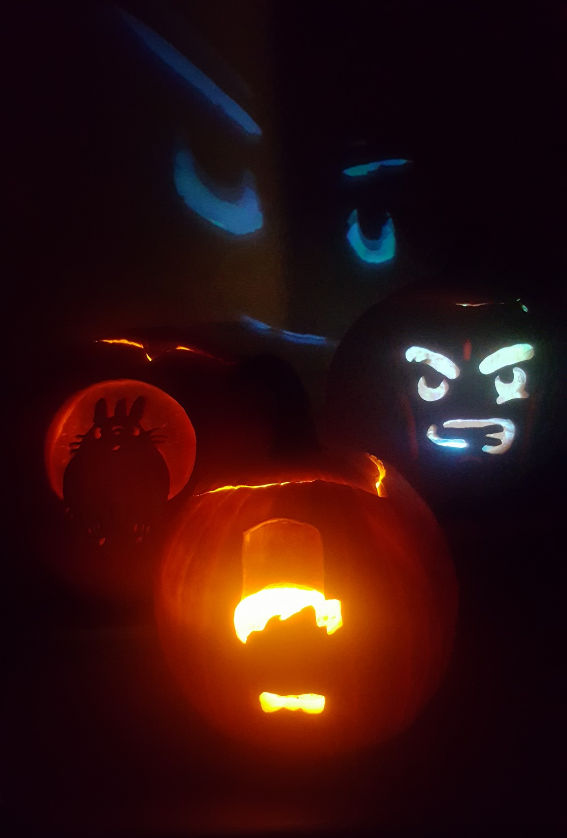 Lego, Totoro, and Doctor Who Pumpkins created with the Pumpkin Gutter carving tool 2017